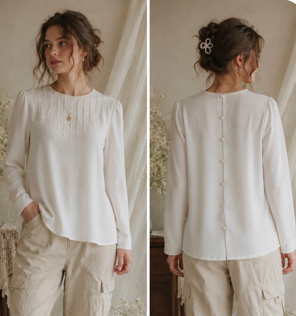 Vintage La Beaute Blouse Pearl Accents High Neck Semi Sheer Feminine Coquette S